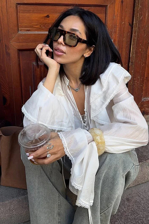 V-Neck Tie Lace Trim Blouse