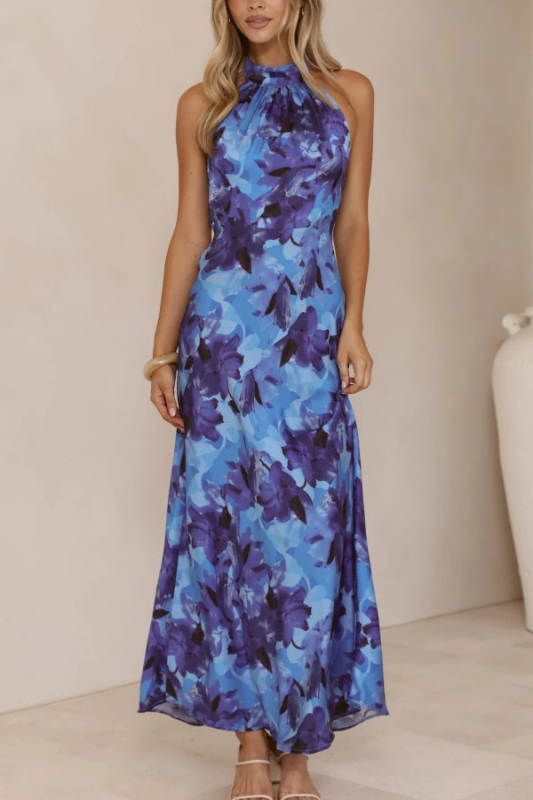 Floral Print Sleeveless Halter Neck Tie Holiday Maxi Dress