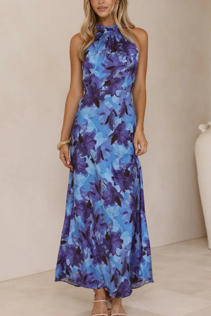 Floral Print Sleeveless Halter Neck Tie Holiday Maxi Dress