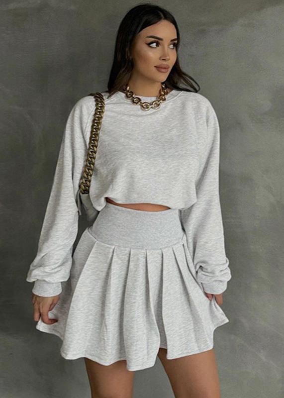 Effortless Charm - Gray Long Sleeve Sweater & Pleated Skirt Set