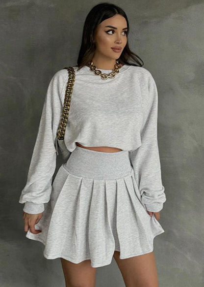 Effortless Charm - Gray Long Sleeve Sweater & Pleated Skirt Set