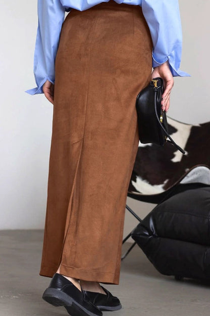 Suede Vintage Brown Straight Slit Long Skirt