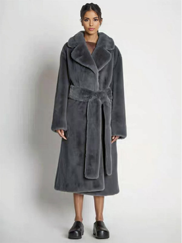 Longline Fux Fur Coat Notched Lapel Belted Eco-friendly Winter Jacket 2026
