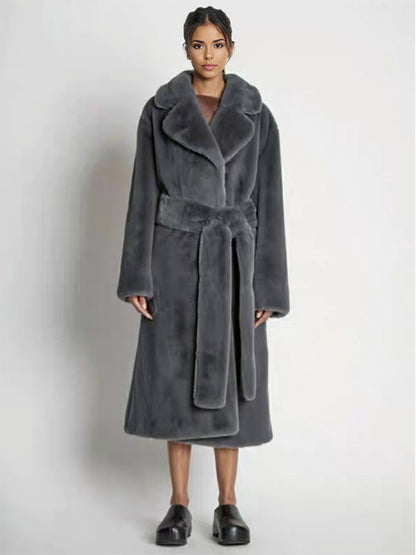 Longline Fux Fur Coat Notched Lapel Belted Eco-friendly Winter Jacket 2026