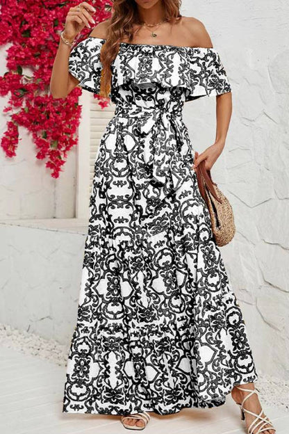 Off-shoulder short-sleeved printed ruffled maxi dress