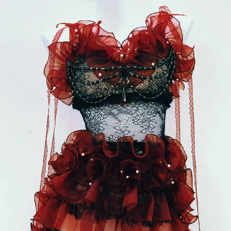 Ruffle beaded lace cami mini dress