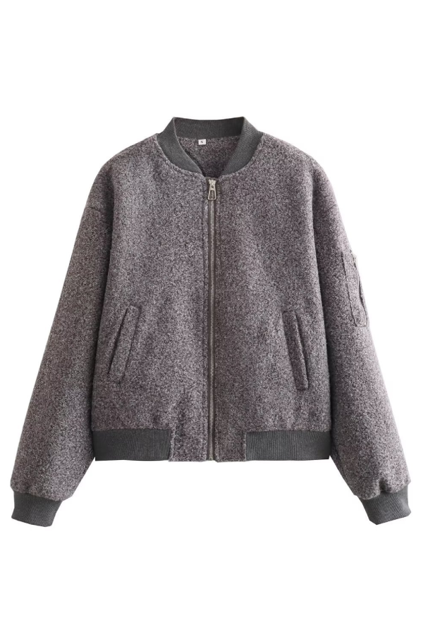 Stand Collar Loose Long Sleeve Ribbed Flight Jacket