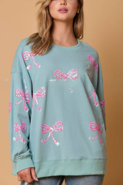 Bowknot Sequined Casual Loose Long Sleeve Sweatshirt
