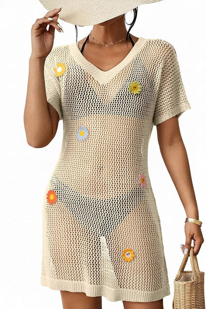 Floral-decorated V-neck Short-sleeved Crochet Cover-up Vacation Mini Dress