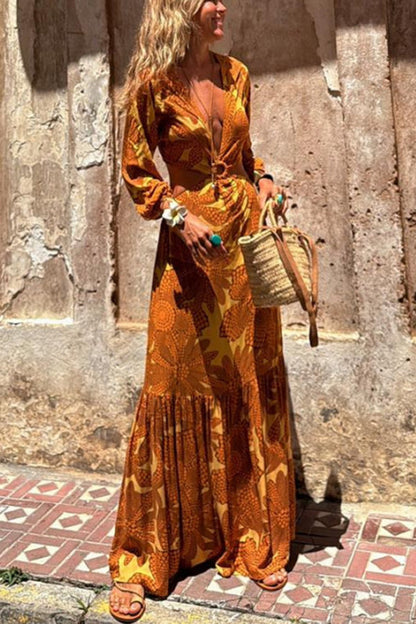 Sunflower Print Ring Cutout Waist Long Sleeve Maxi Dress