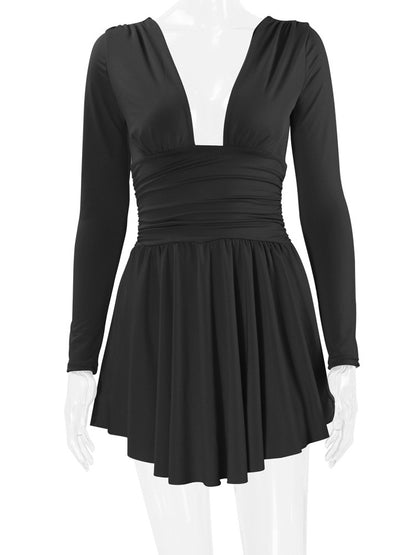 Fit And Flare Dress Plunge Long Sleeves Short Swing Dresses In Solid Color