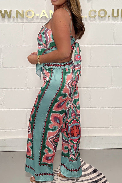 Fashion print suspenders open back tie top + straight pants set