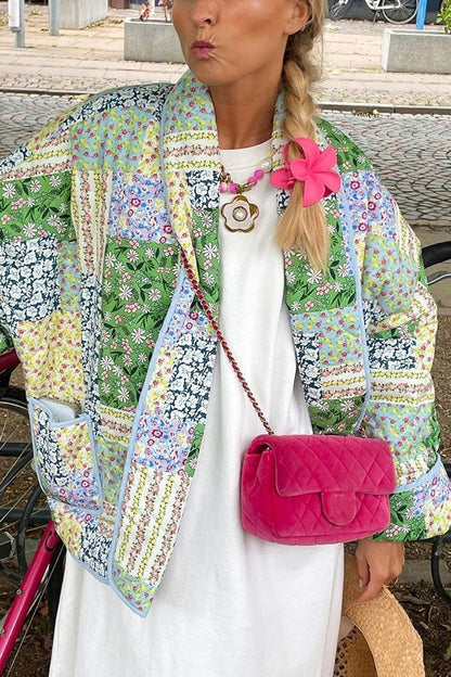 Vintage Multiple Patchwork Print Pocketed Relaxed Cotton Jacket