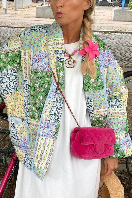 Vintage Multiple Patchwork Print Pocketed Relaxed Cotton Jacket