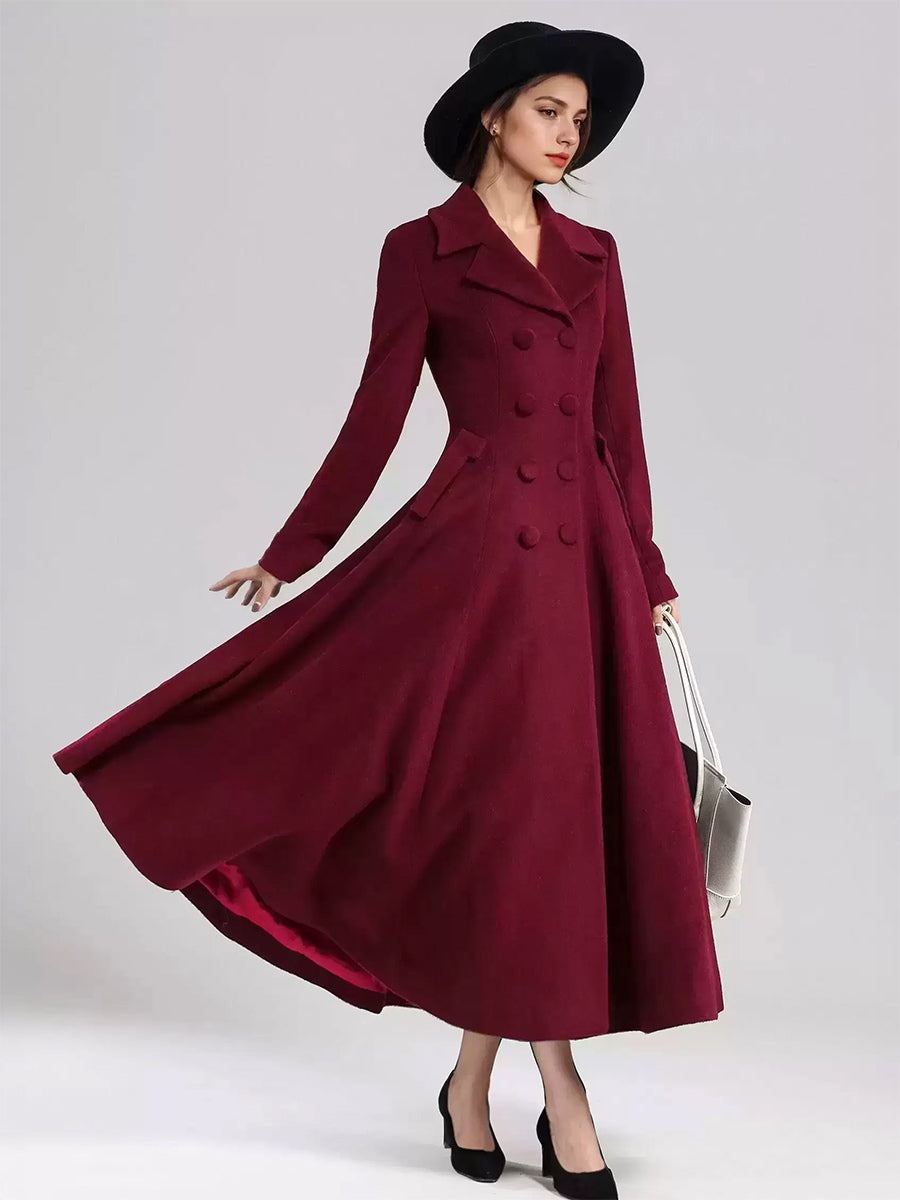 Wool Blend Flared Coat For Women Dark Navy Double-breasted Wide Lapel A-line Winter Outerwear 2026