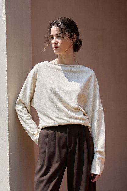 Linen Off Shoulder Slit Knit Top