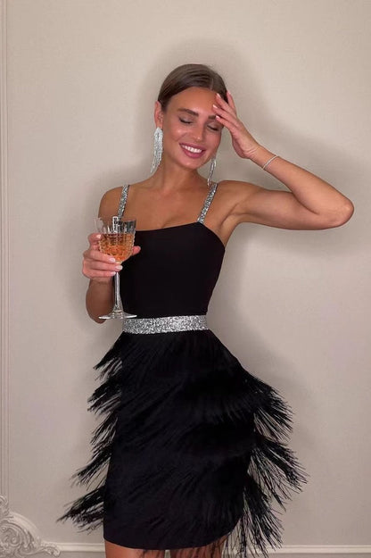 Elegant Black White Blue Sling Fringe Midi Cocktail Dress