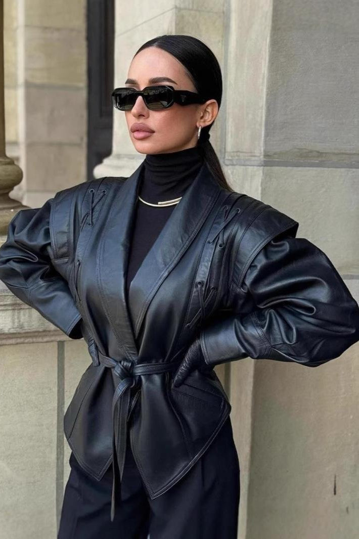 Vintage Belted PU Leather Jacket