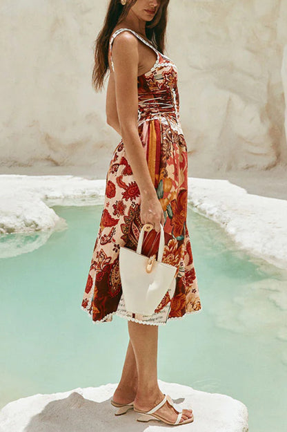 Unique Printed Floral Trim Suspender Side Tie Vacation Midi Dress