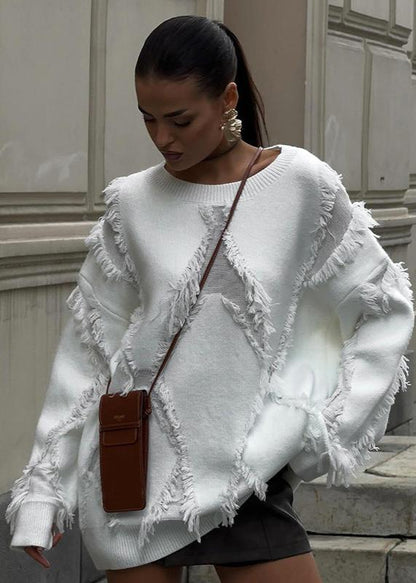 Fringed Textured Oversized Knit Sweater