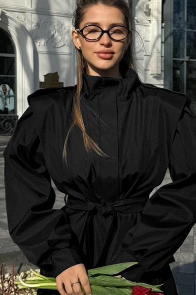 Tie-Waist Collared Long-Sleeve Loose Trench Coat