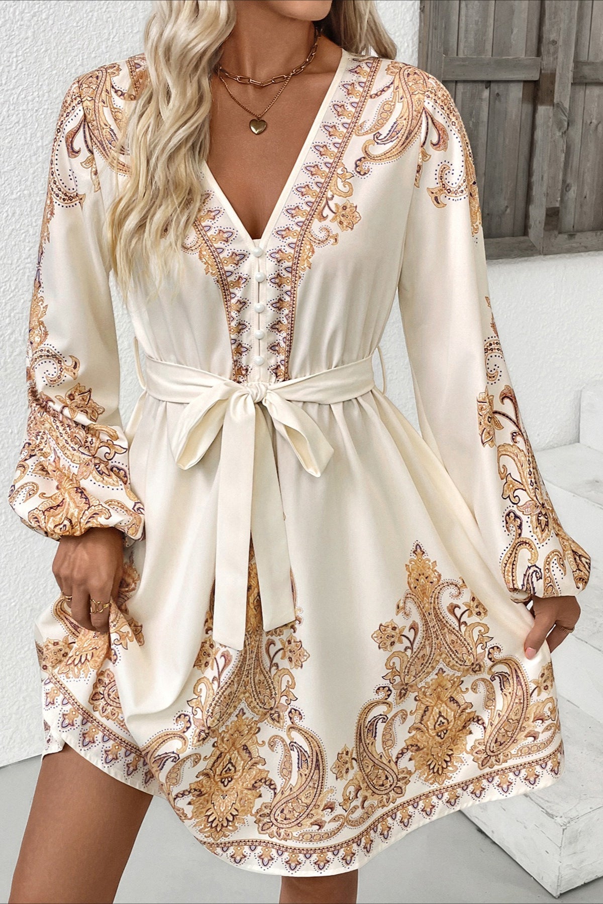 Paisley Print Deep V Balloon Sleeve Button Front Tie Waist Mini Dress