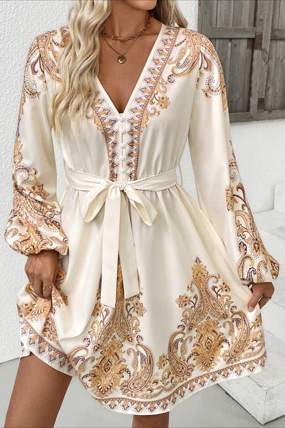 Paisley Print Deep V Balloon Sleeve Button Front Tie Waist Mini Dress
