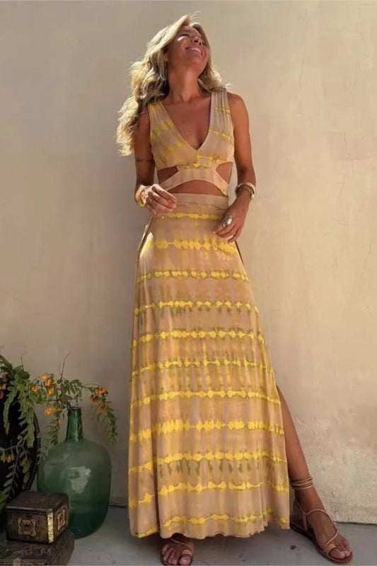 Batik Print Cutout Waist Side Slit Sleeveless Maxi Dress