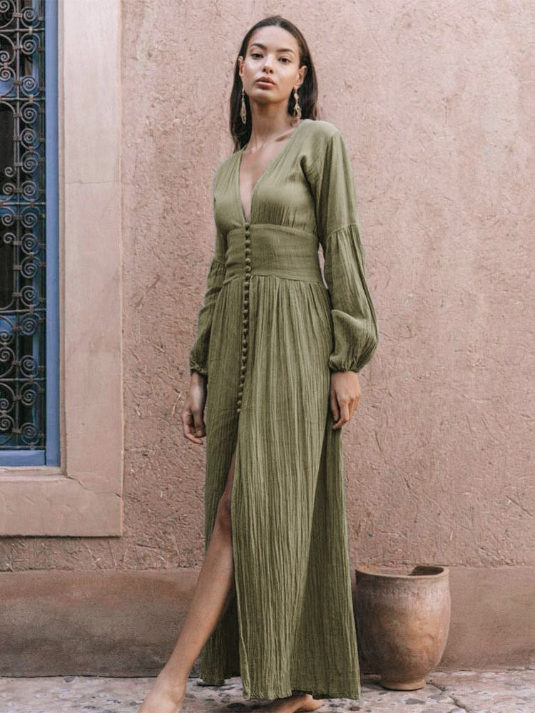 Boho V Neck Maxi Dress - Puff Sleeve Button Front High Slit Long Dress - Spring Beach Vacation 2026