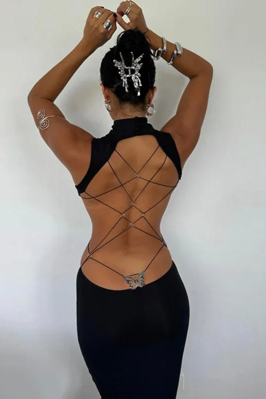 Mock Neck Sleeveless Criss-Cross Strap Butterfly Charm Open Back Bodycon Maxi Dress