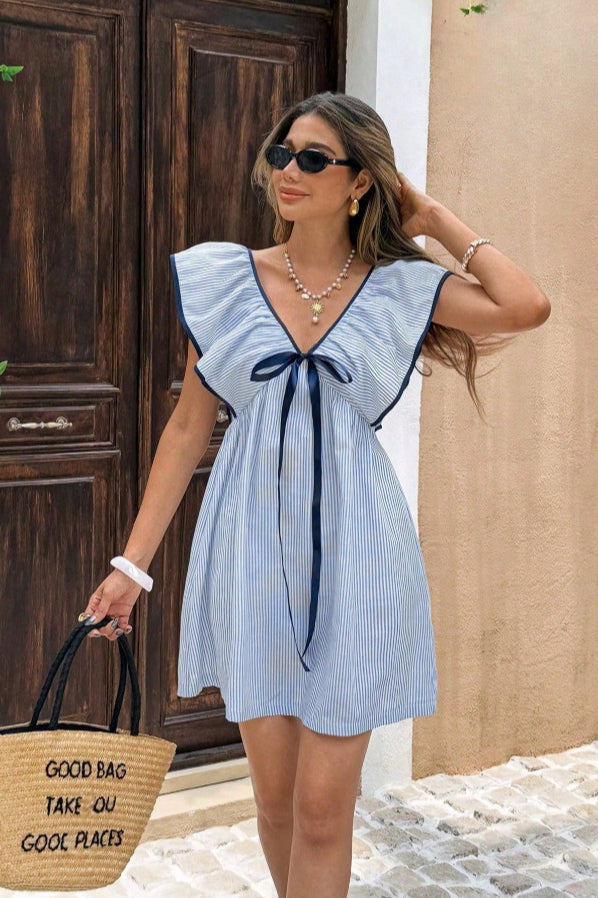 Pinstripe V-Neck Ruffle Flounce Collar Flutter Sleeve Ribbon Bow Mini Dress