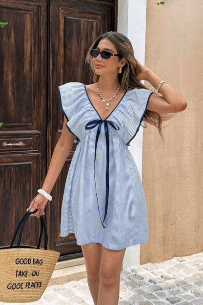 Pinstripe V-Neck Ruffle Flounce Collar Flutter Sleeve Ribbon Bow Mini Dress