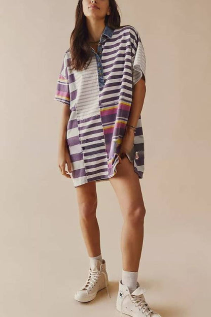 Mid-length Sleeve Lapel Contrast Striped Loose Casual Dress