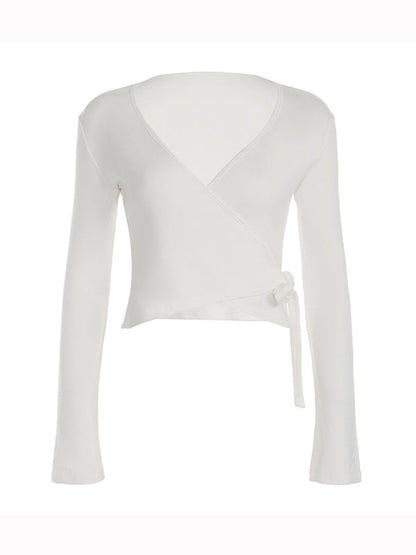Solid Color Y2k V Neck Long Sleeves Tee