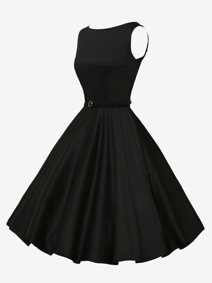 Vintage 1950s Swing Cocktail Dress Women - Sleeveless Boat Neck A-Line Belted Audery Style Midi Gown - Wedding Guest 2026