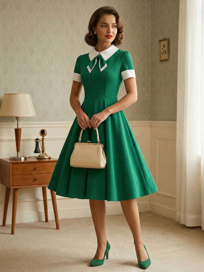 Vintage 1950s Swing Cocktail Dress for Women - V Neck Short Sleeve A-Line Ruched Bust Rockabilly Midi Gown - Wedding Guest 2026