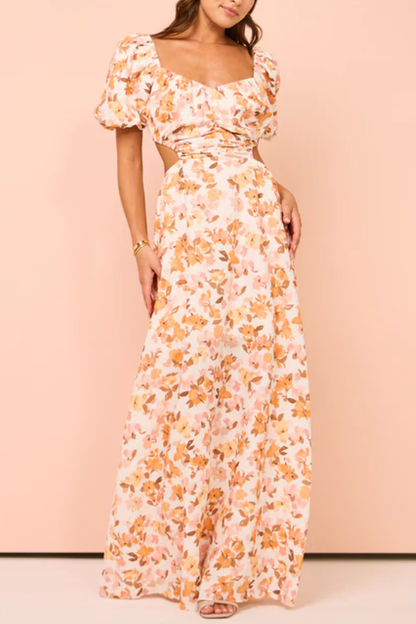 Elastic puff sleeves pleated waist back hollow sweet long skirt