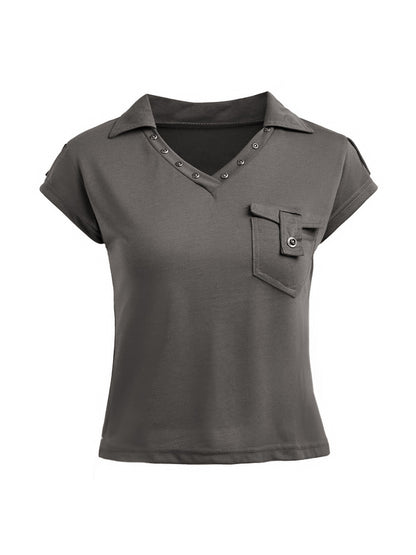 Solid V Neck Pocket Cropped Short Sleeve Tee
