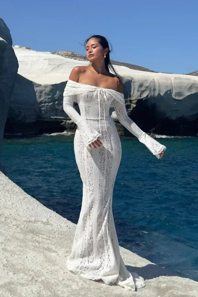 Off Shoulder Lace Drawstring Bust Bell Sleeve Mermaid Maxi Dress