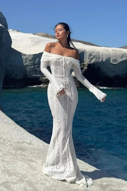 Off Shoulder Lace Drawstring Bust Bell Sleeve Mermaid Maxi Dress