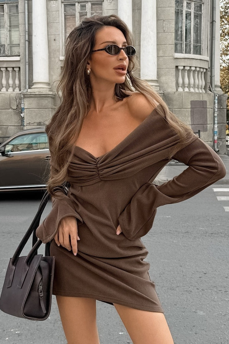 Off Shoulder Sweetheart Ruched Bust Ribbed Knit Long Sleeve Mini Dress