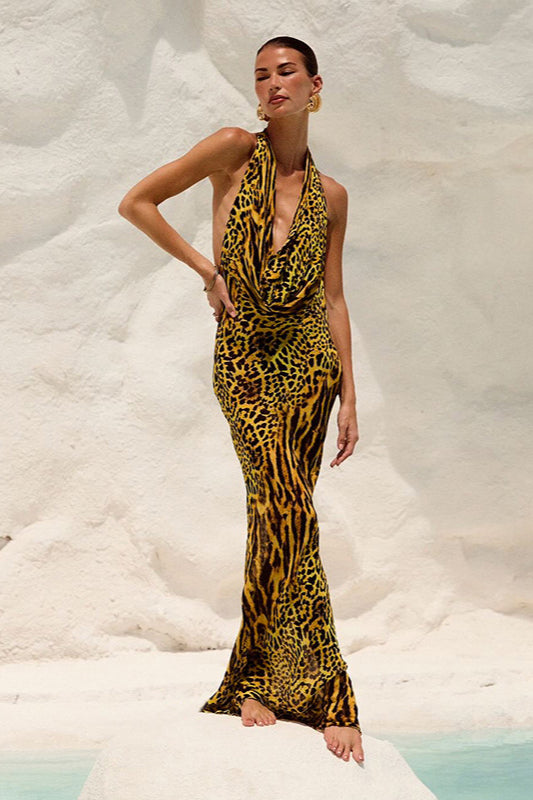 Slim Fit Leopard Cowl Backless Maxi Dress