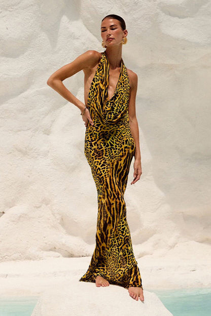 Slim Fit Leopard Cowl Backless Maxi Dress