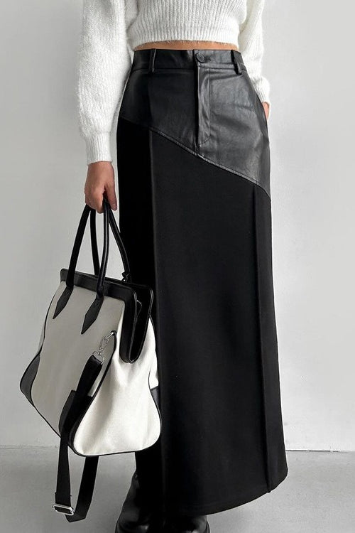 PU Leather Panel High Waist Slit Skirt