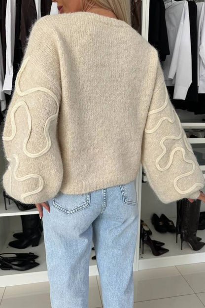 Beautiful Mood Knit Contrast Color Sewing Line Pattern Loose Sweater