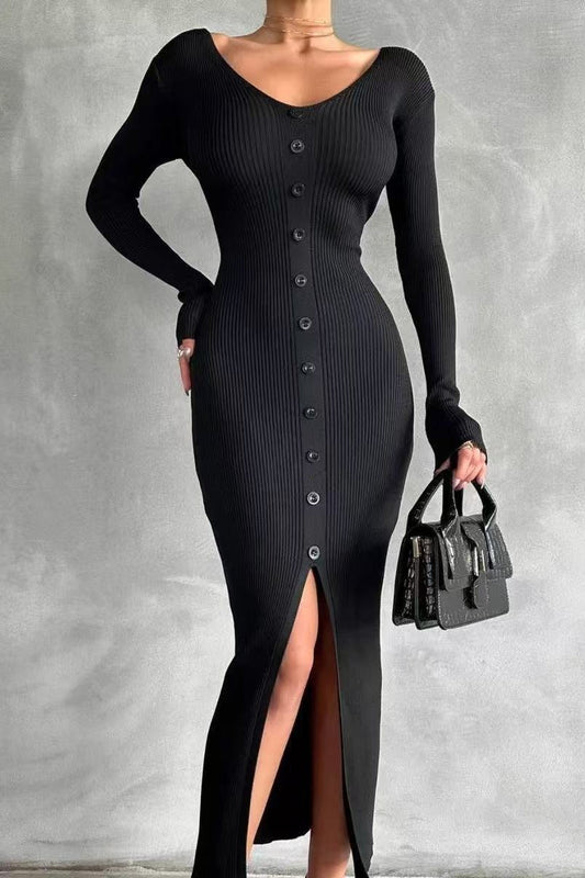 V-Neck Bodycon Knit Sweater Dress