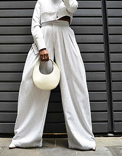 White Print Pockets Straight Pants Office Two Piece Set