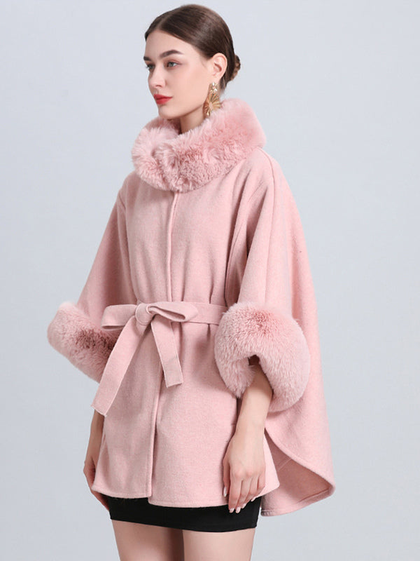 Women Poncho High Collar Light Gray Oversized Faux Fur Cape