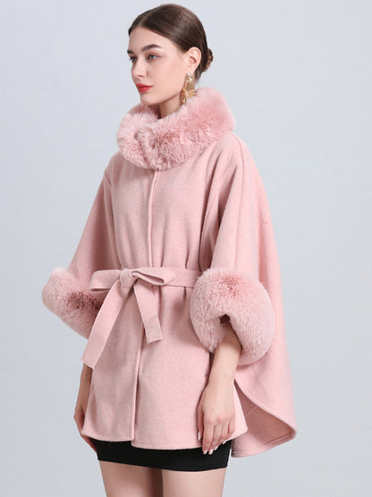 Women Poncho High Collar Light Gray Oversized Faux Fur Cape