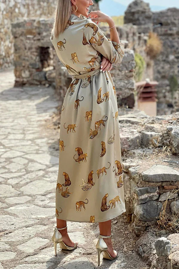 Now Trending Tiger Print Satin Shirt Maxi Dress